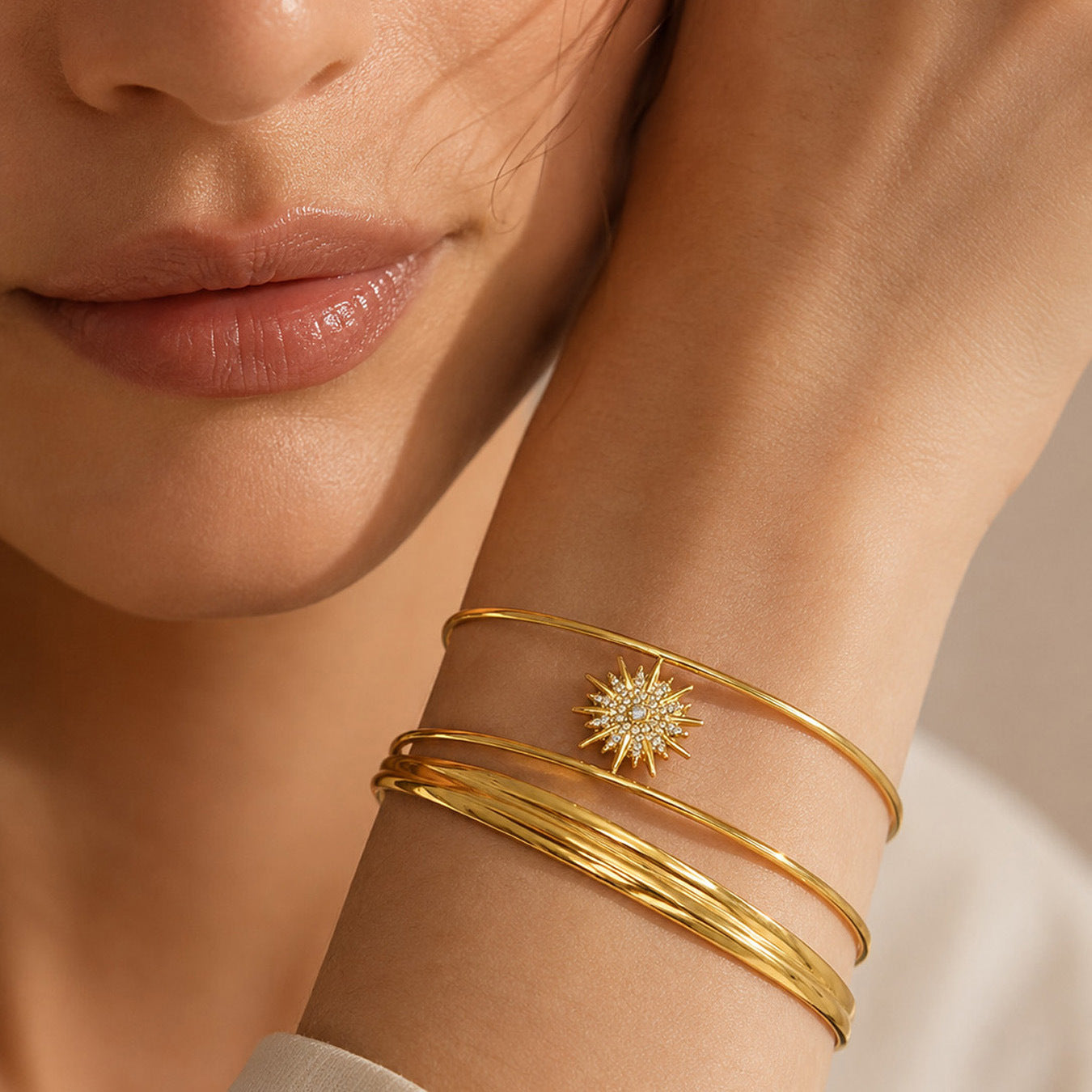 316L Stainless Steel 18K PVD Gold Sun Zircon Open Bangle made with 316L stainless steel and 18K PVD gold finish for wholesale jewelry buyers - image 14