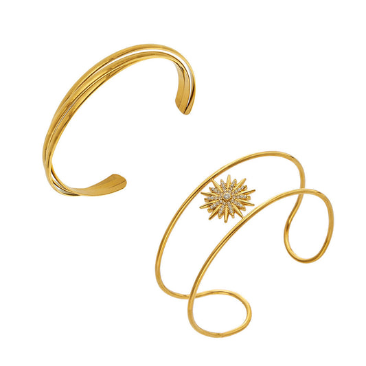 316L Stainless Steel 18K PVD Gold Sun Zircon Open Bangle made with 316L stainless steel and 18K PVD gold finish for wholesale jewelry buyers - image 15