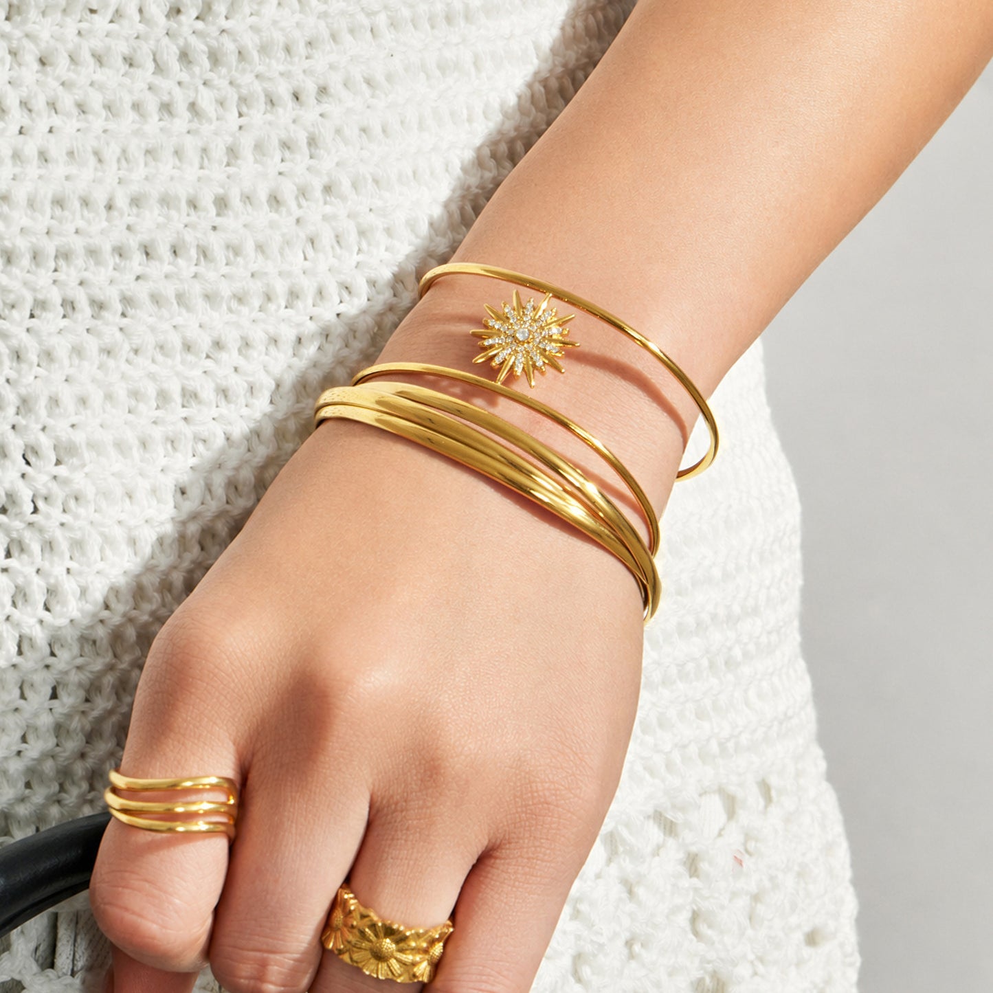 316L Stainless Steel 18K PVD Gold Sun Zircon Open Bangle made with 316L stainless steel and 18K PVD gold finish for wholesale jewelry buyers - image 8