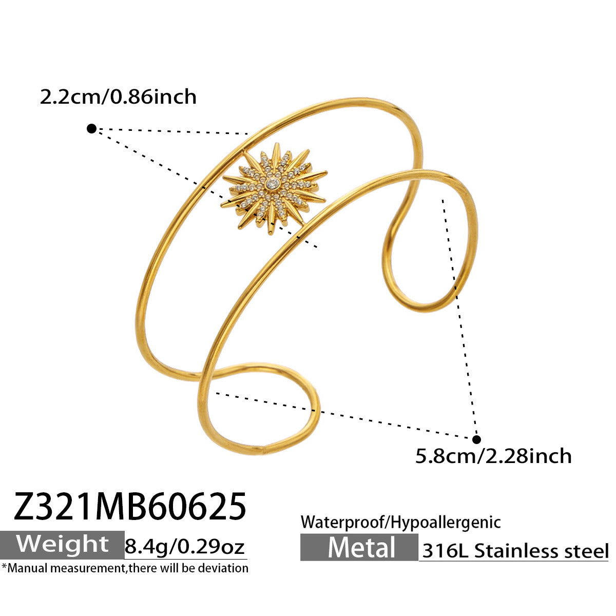 316L Stainless Steel 18K PVD Gold Sun Zircon Open Bangle made with 316L stainless steel and 18K PVD gold finish for wholesale jewelry buyers - image 9