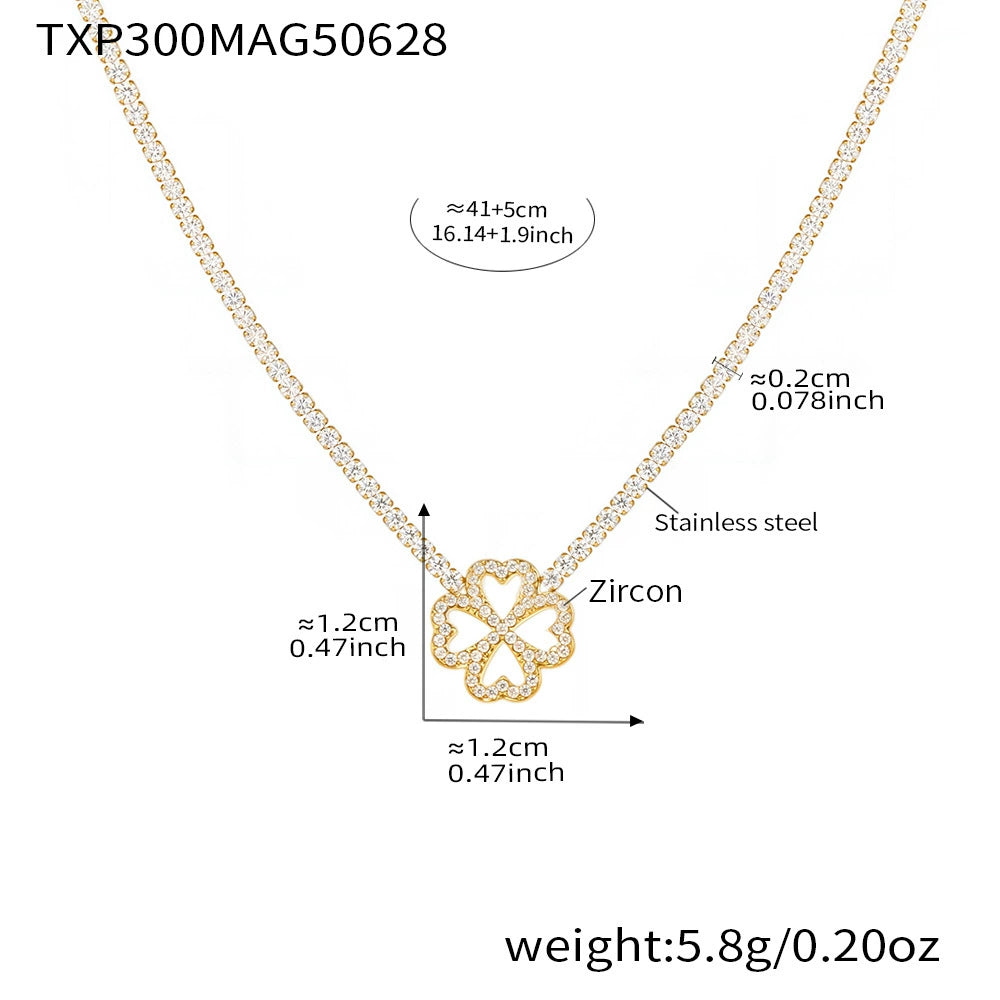 316L Stainless Steel Super Sparkling Zircon Heart Lucky Four-Leaf Clover Necklace Bracelet & Earrings Set - Image 1