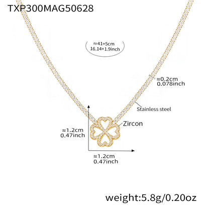 316L Stainless Steel Super Sparkling Zircon Heart Lucky Four-Leaf Clover Necklace Bracelet & Earrings Set - Image 1