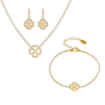 316L Stainless Steel Super Sparkling Zircon Heart Lucky Four-Leaf Clover Necklace Bracelet & Earrings Set - Image 11