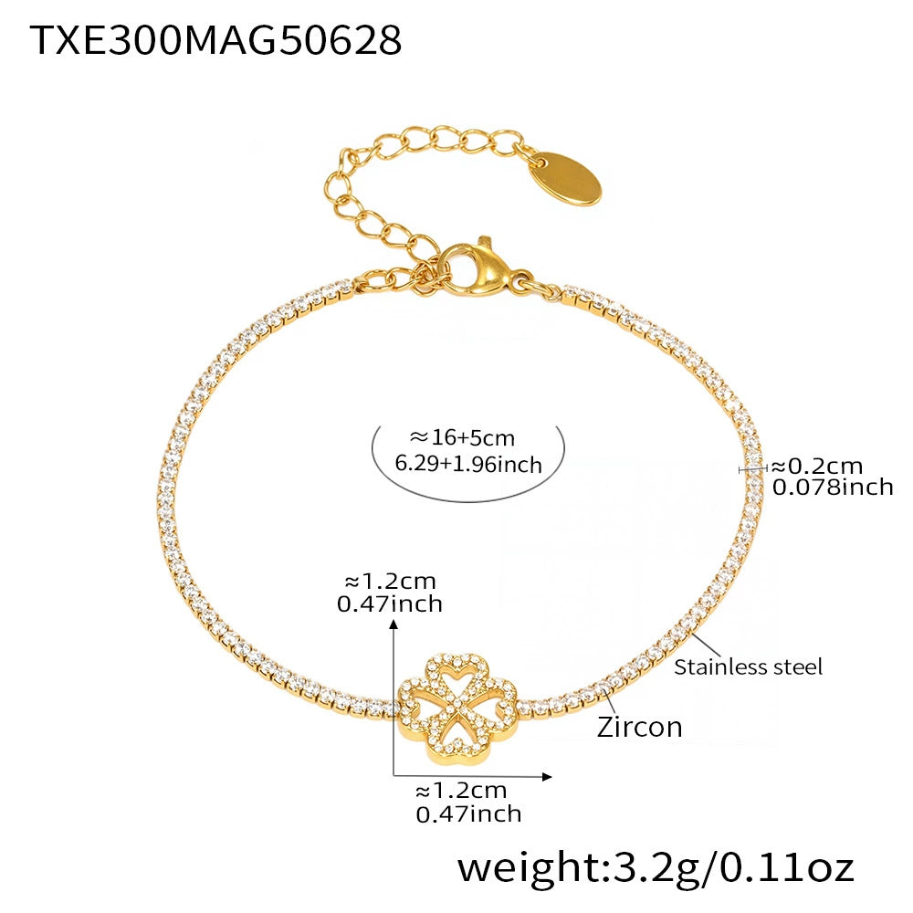 316L Stainless Steel Super Sparkling Zircon Heart Lucky Four-Leaf Clover Necklace Bracelet & Earrings Set - Image 3