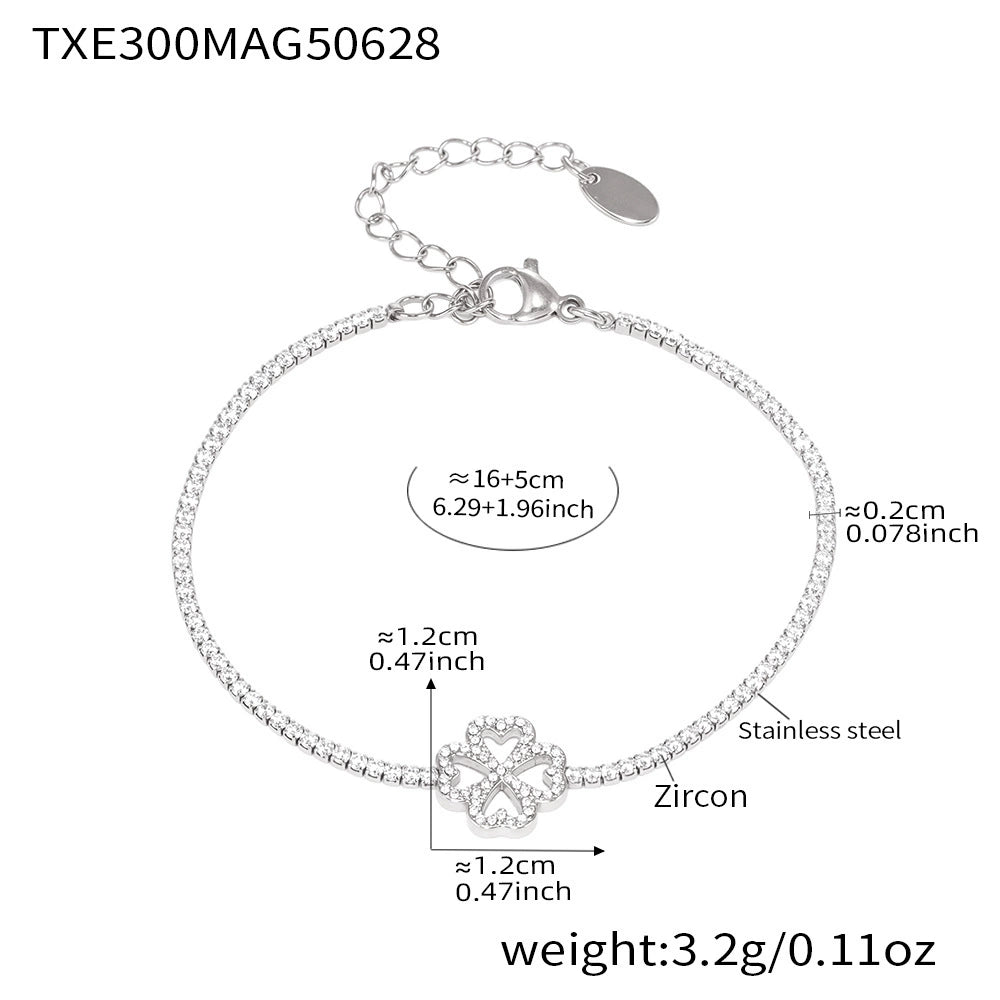 316L Stainless Steel Super Sparkling Zircon Heart Lucky Four-Leaf Clover Necklace Bracelet & Earrings Set - Image 4
