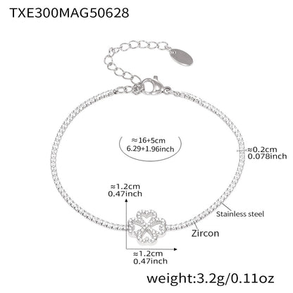 316L Stainless Steel Super Sparkling Zircon Heart Lucky Four-Leaf Clover Necklace Bracelet & Earrings Set - Image 4