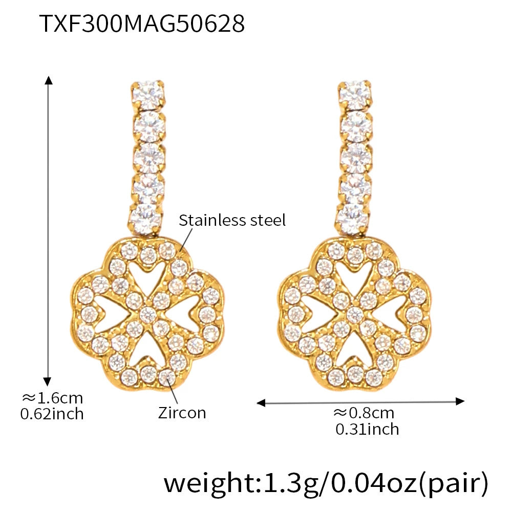 316L Stainless Steel Super Sparkling Zircon Heart Lucky Four-Leaf Clover Necklace Bracelet & Earrings Set - Image 6