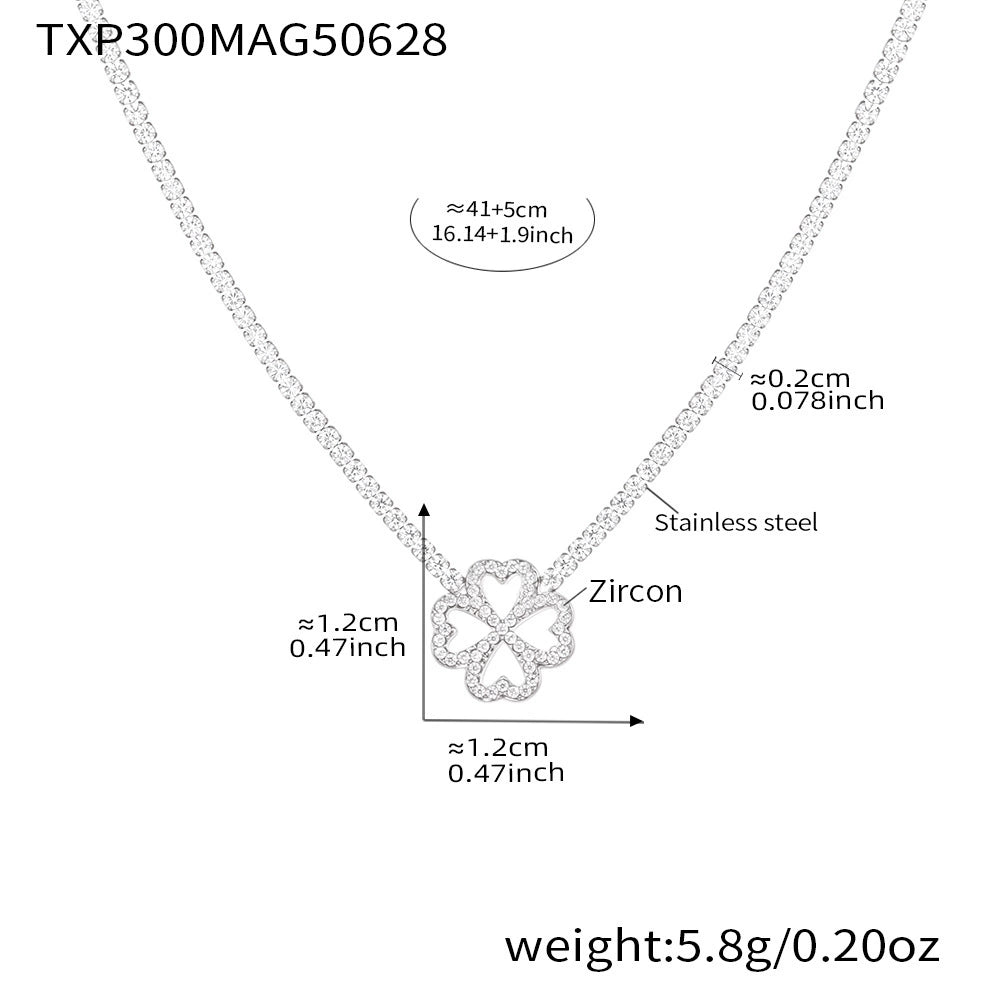 316L Stainless Steel Super Sparkling Zircon Heart Lucky Four-Leaf Clover Necklace Bracelet & Earrings Set - Image 7
