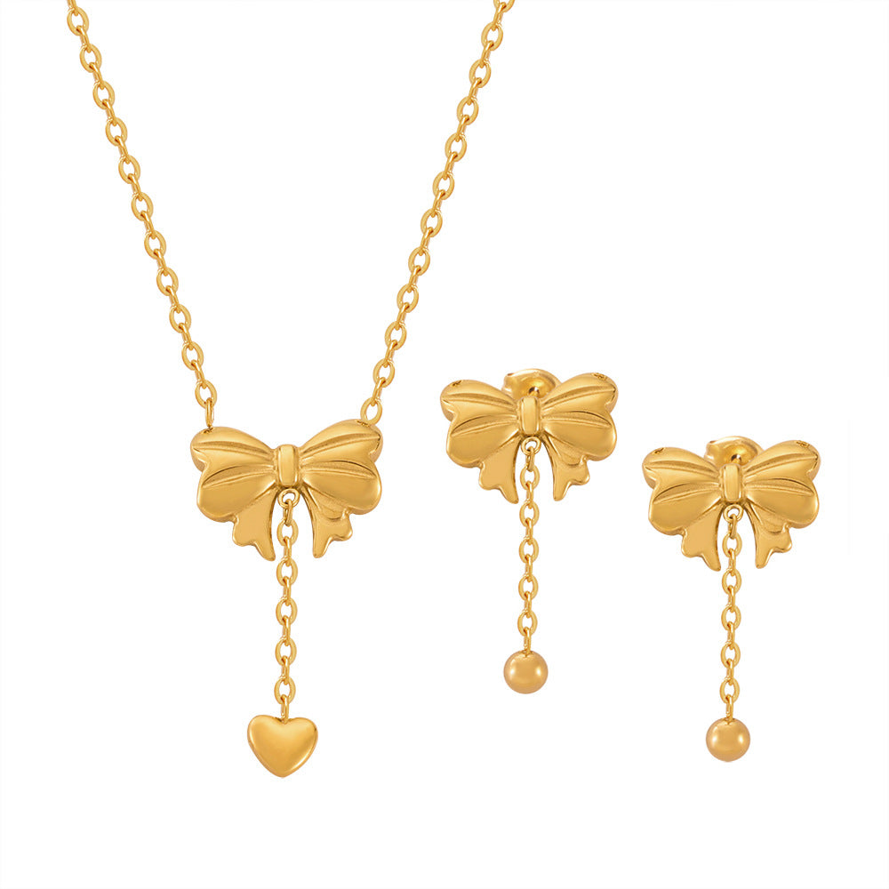 316L Stainless Steel Sweet & Chic Bowknot Heart Tassel Earrings & Necklace Set - Image 11