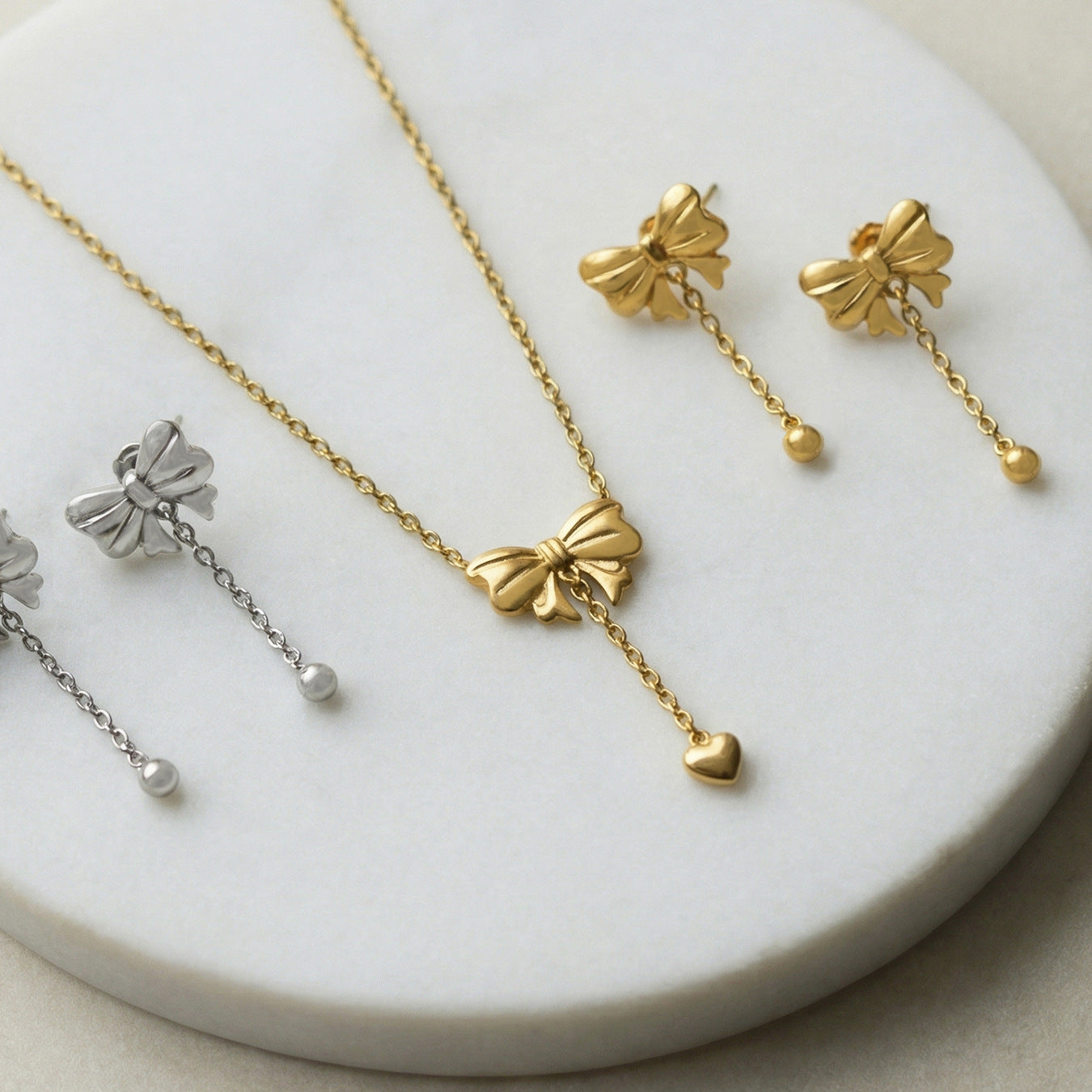 316L Stainless Steel Sweet & Chic Bowknot Heart Tassel Earrings & Necklace Set - Image 13