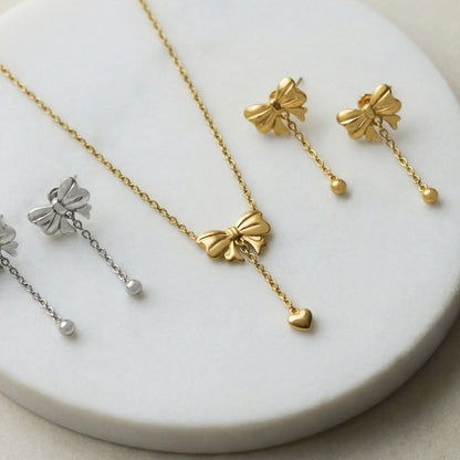 316L Stainless Steel Sweet & Chic Bowknot Heart Tassel Earrings & Necklace Set - Image 13