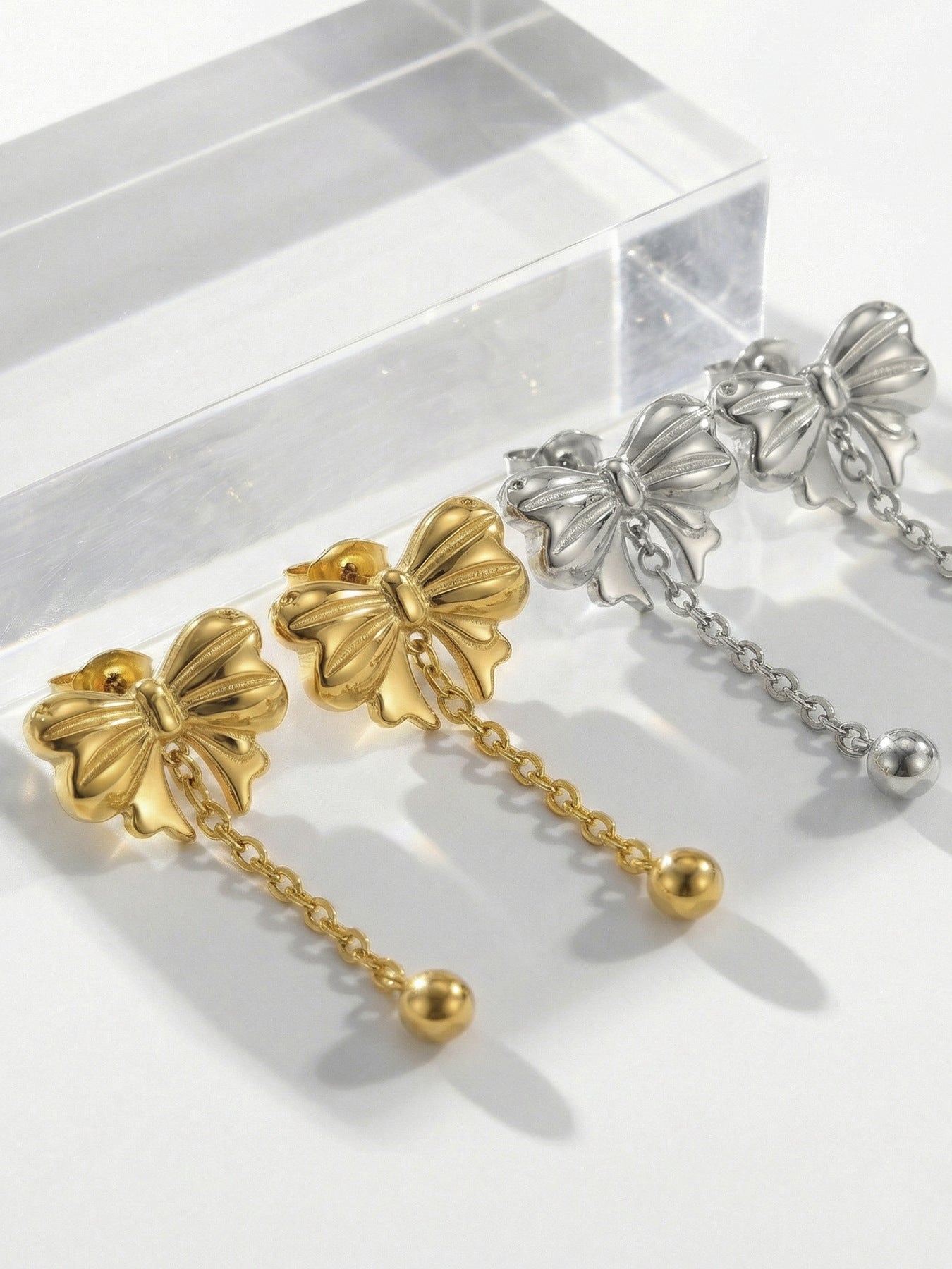 316L Stainless Steel Sweet & Chic Bowknot Heart Tassel Earrings & Necklace Set - Image 4