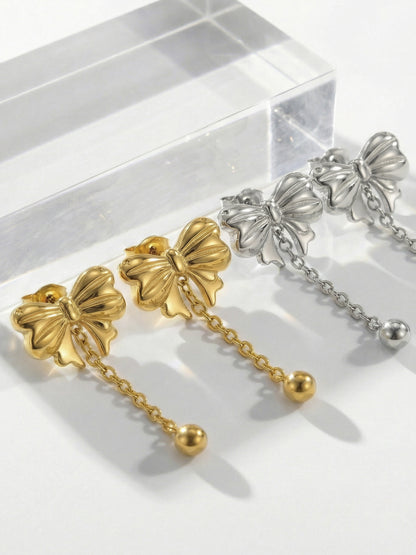 316L Stainless Steel Sweet & Chic Bowknot Heart Tassel Earrings & Necklace Set - Image 4