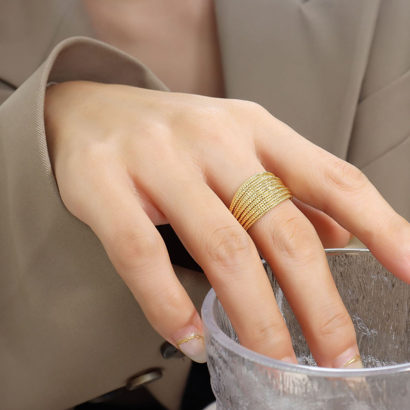 316L Stainless Steel Tarnish-Free Geometric Half-Circle Ring - Image 1