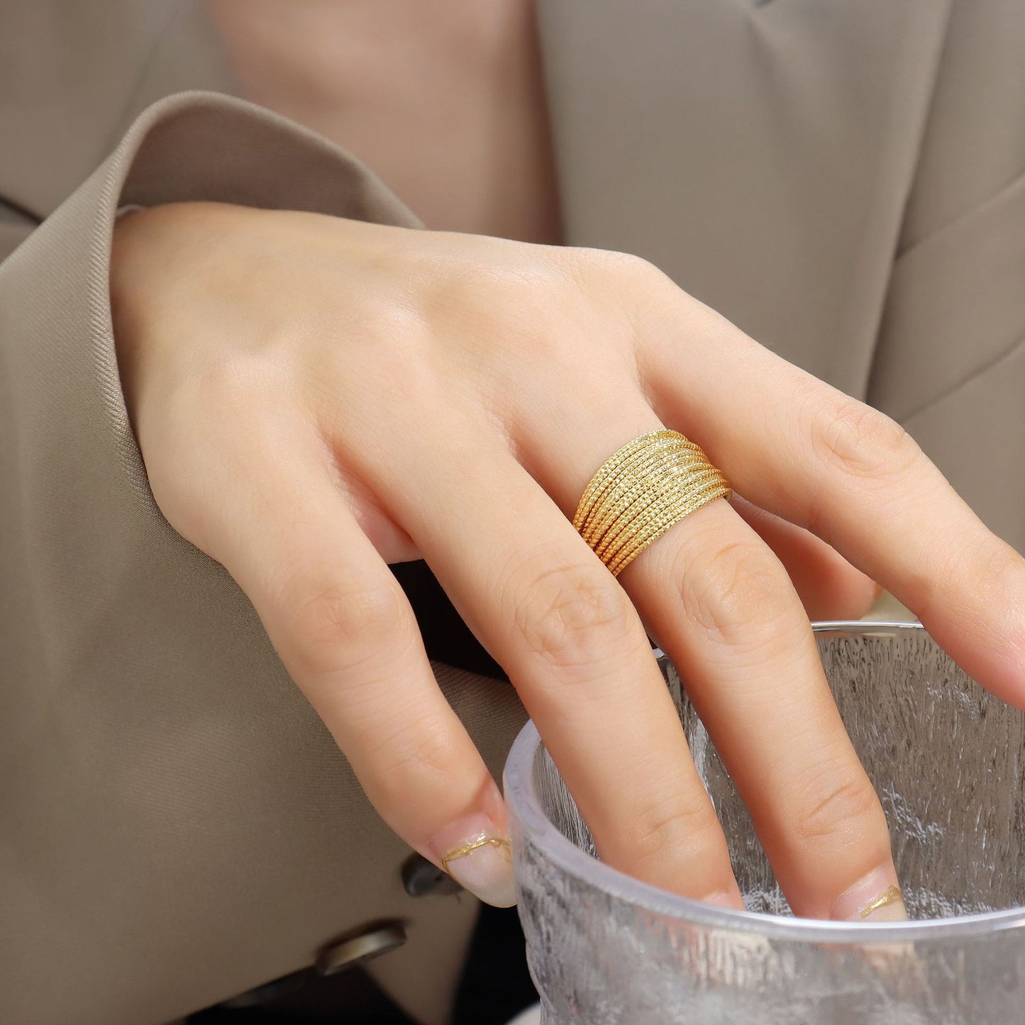 316L Stainless Steel Tarnish-Free Geometric Half-Circle Ring - Image 1