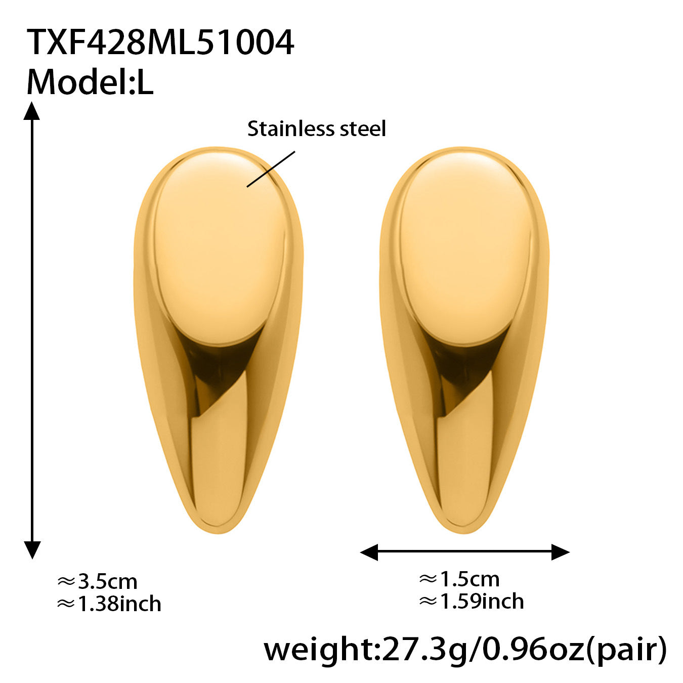High polish 316L stainless steel teardrop earrings size comparison for wholesale jewelry
