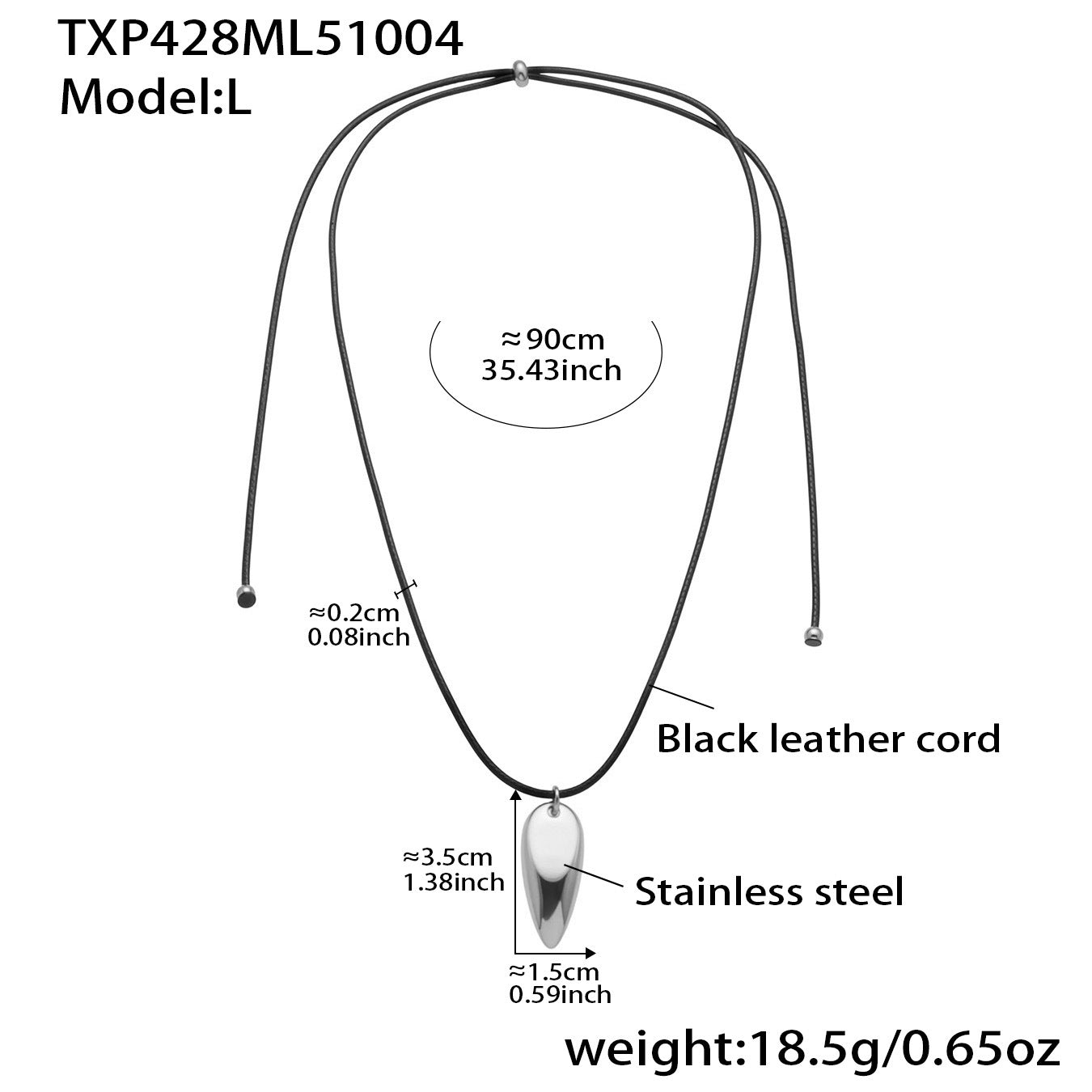 Large size 316L stainless steel teardrop pendant necklace with black leather cord
