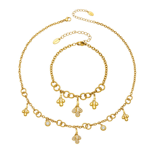 316L stainless steel teardrop zircon necklace and matching bracelet in an 18K PVD gold finish