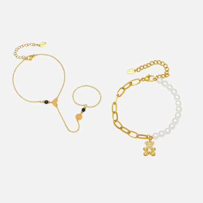 316L stainless steel teddy bear charm pearl bracelet set with cubic zirconia