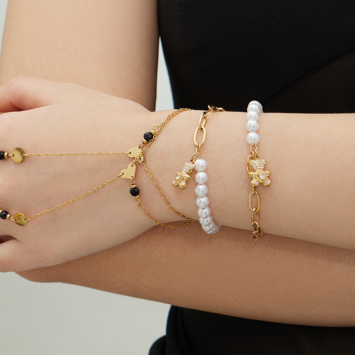 316L Stainless Steel Teddy Bear Charm Pearl Bracelet Set