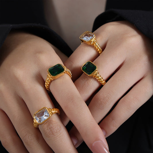 316L Stainless Steel Textured Faceted Rectangular Zircon Ring - Image 1