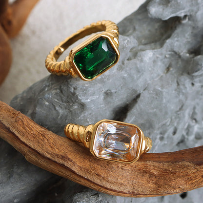 316L Stainless Steel Textured Faceted Rectangular Zircon Ring - Image 3