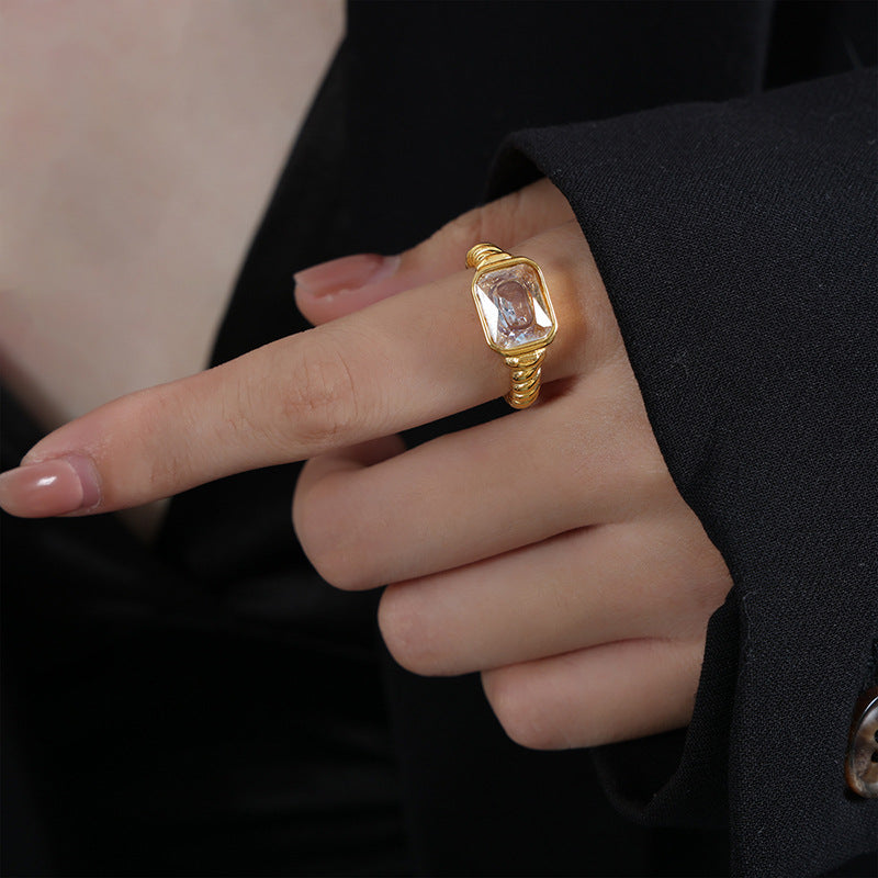 316L Stainless Steel Textured Faceted Rectangular Zircon Ring - Image 5
