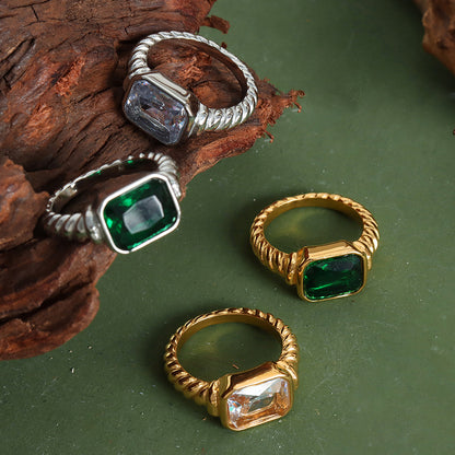 316L Stainless Steel Textured Faceted Rectangular Zircon Ring - Image 7