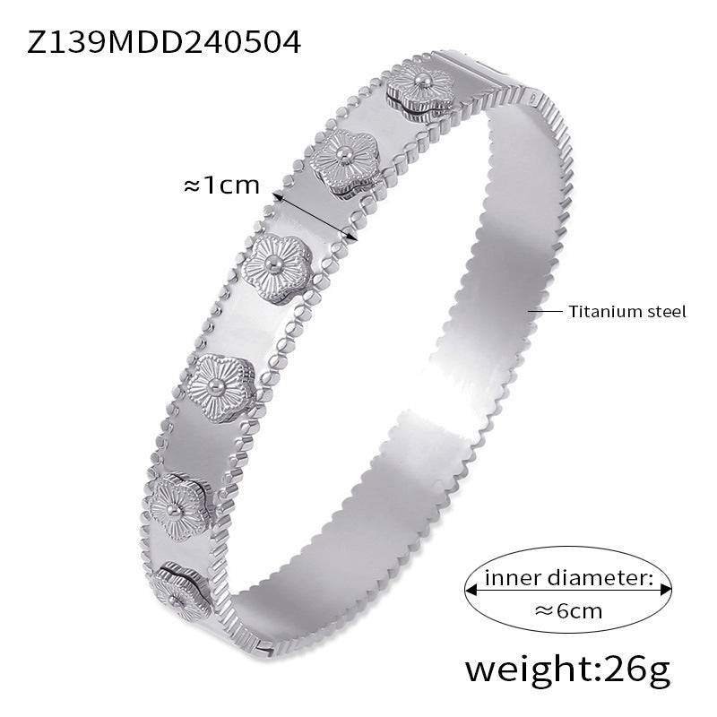316L Stainless Steel Textured Floral Shell Inlay Bangle - Image 1