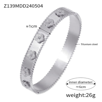 316L Stainless Steel Textured Floral Shell Inlay Bangle - Image 1
