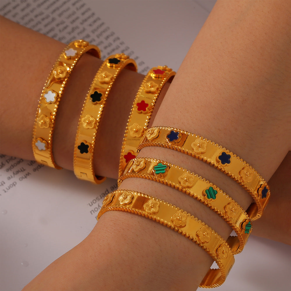 316L Stainless Steel Textured Floral Shell Inlay Bangle - Image 10