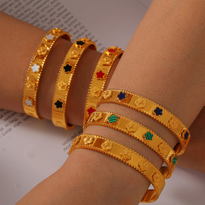 316L Stainless Steel Textured Floral Shell Inlay Bangle - Image 10