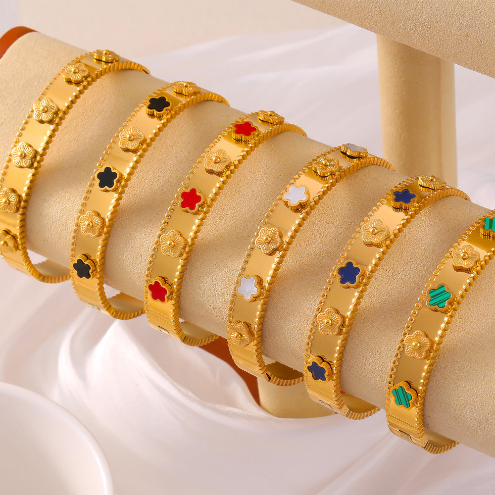 316L Stainless Steel Textured Floral Shell Inlay Bangle - Image 11