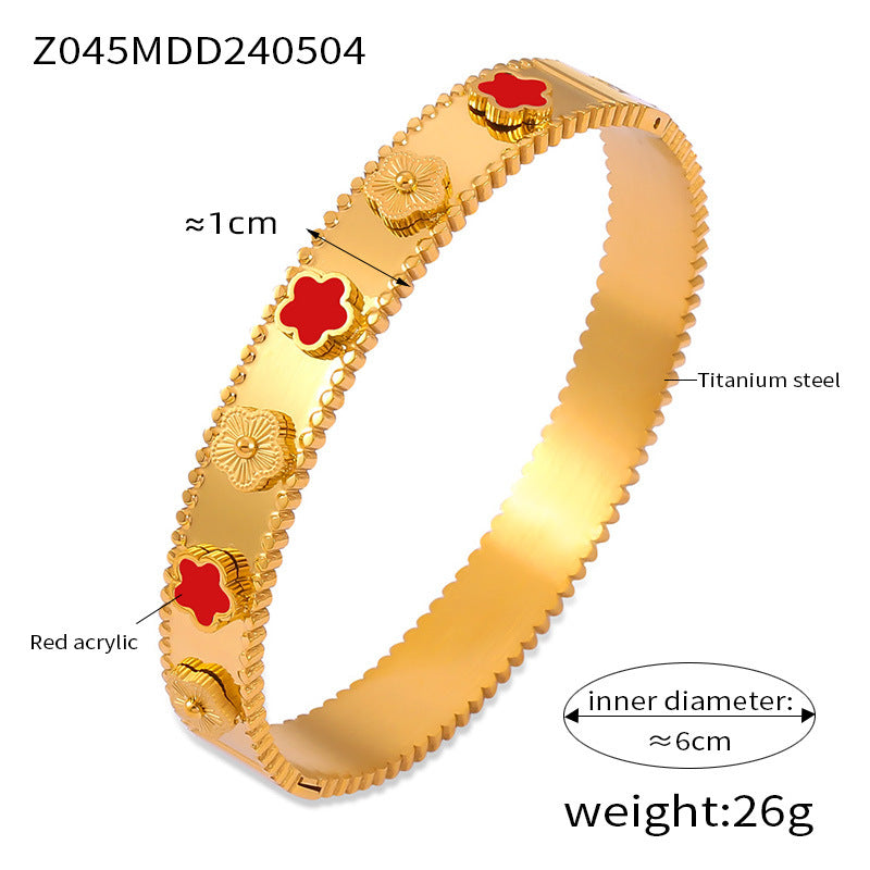 316L Stainless Steel Textured Floral Shell Inlay Bangle - Image 4