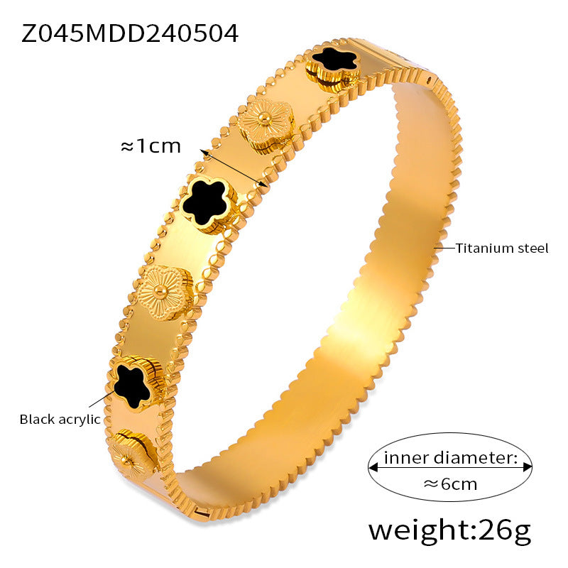 316L Stainless Steel Textured Floral Shell Inlay Bangle - Image 5