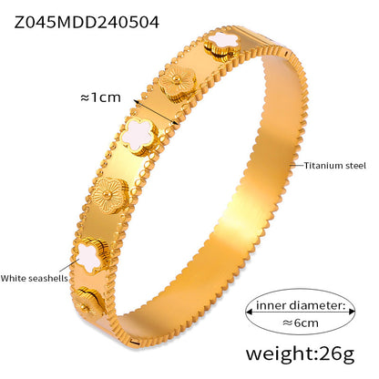 316L Stainless Steel Textured Floral Shell Inlay Bangle - Image 6