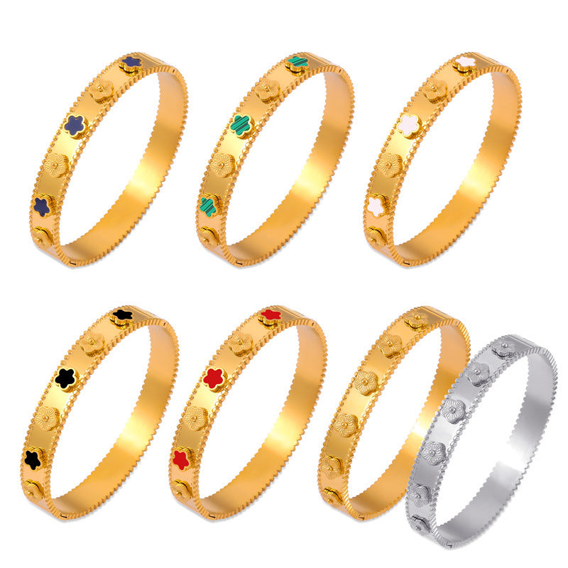 316L Stainless Steel Textured Floral Shell Inlay Bangle - Image 7