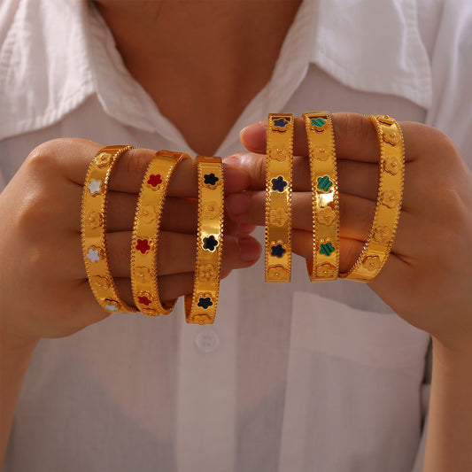 316L Stainless Steel Textured Floral Shell Inlay Bangle - Image 8