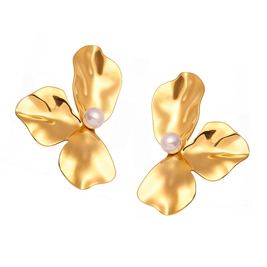 Gold tone 316L stainless steel three-petal shell pearl stud earrings for wholesale