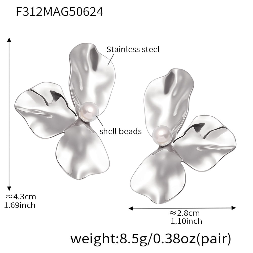 Silver tone 316L stainless steel flower stud earrings with shell pearl detail wholesale