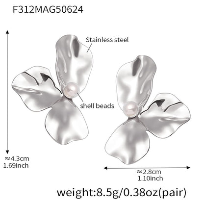 Silver tone 316L stainless steel flower stud earrings with shell pearl detail wholesale