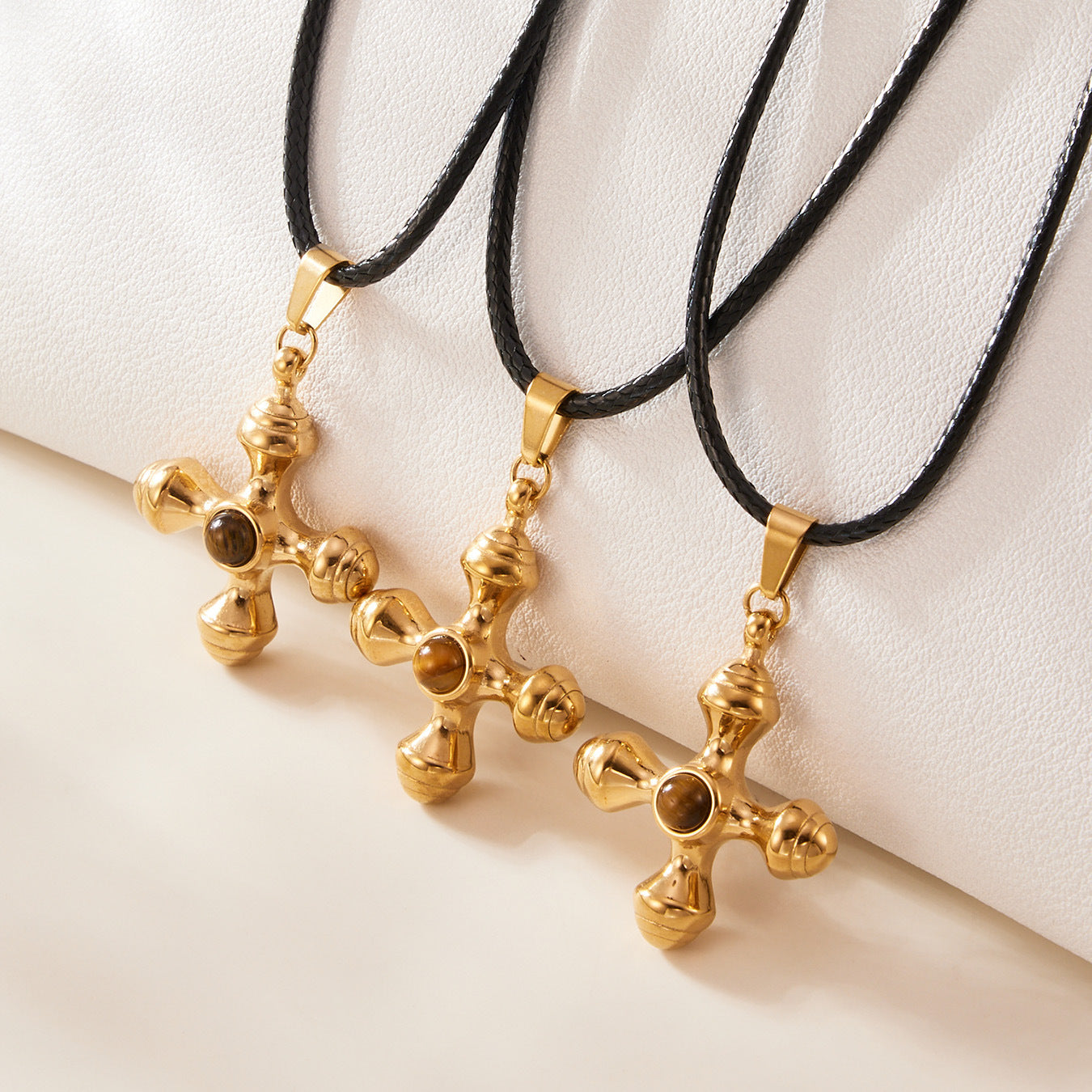 316L Stainless Steel Tiger's Eye Cross Lariat Necklace - Image 1