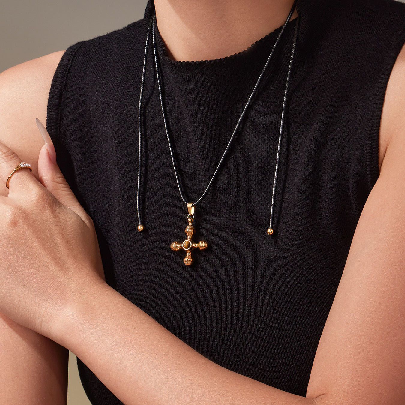 316L Stainless Steel Tiger's Eye Cross Lariat Necklace - Image 2