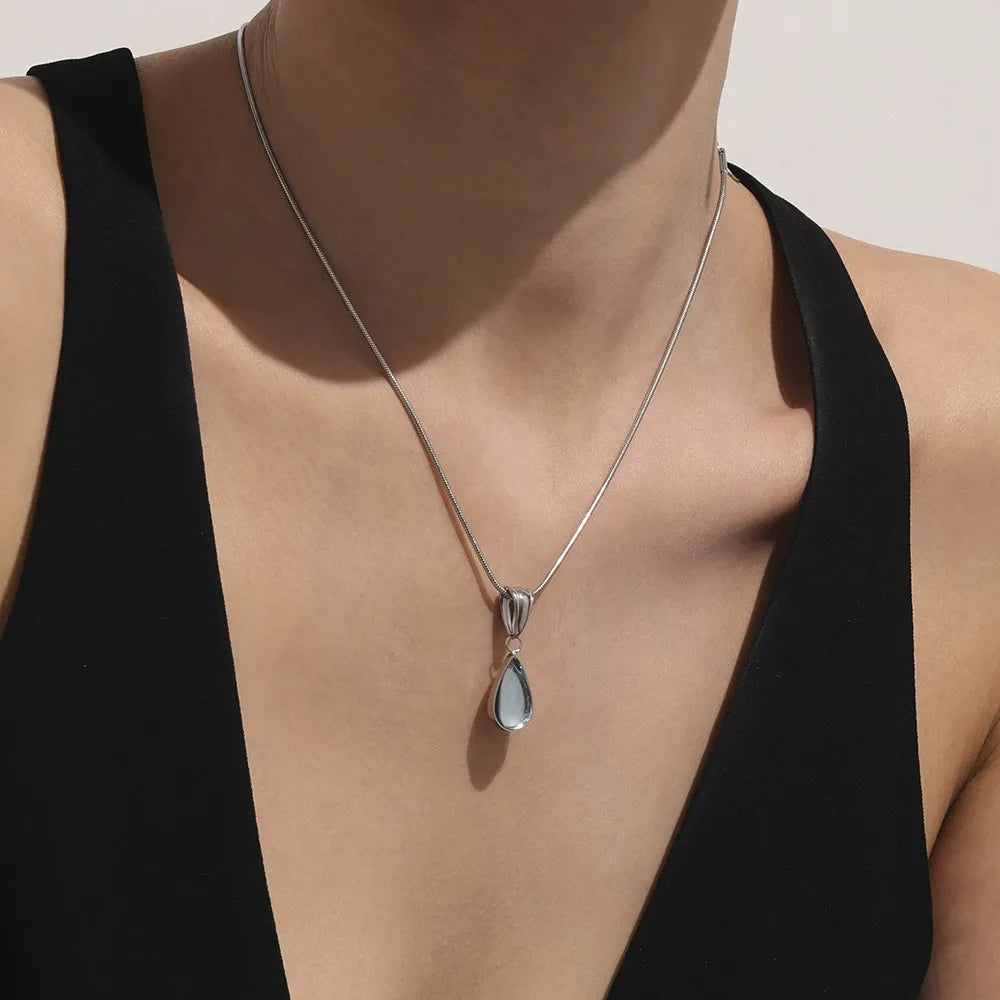316L Stainless Steel Translucent Glass Teardrop Pendant Necklace - Image 3