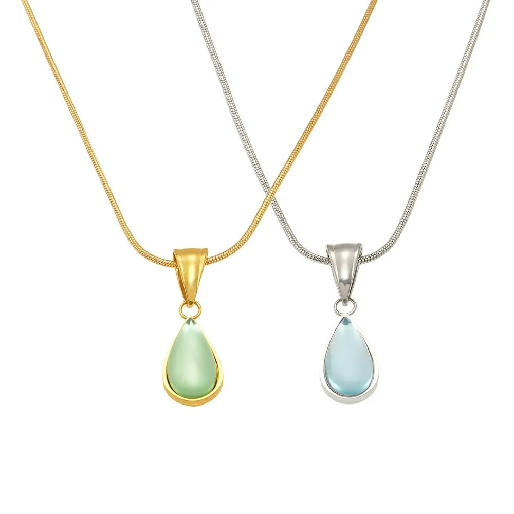 316L Stainless Steel Translucent Glass Teardrop Pendant Necklace - Image 5