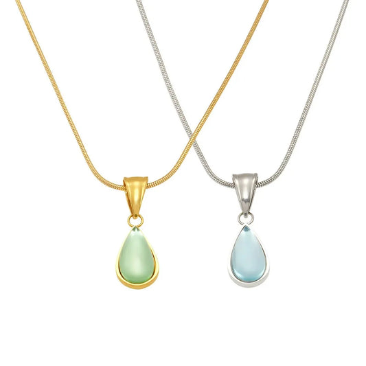 316L Stainless Steel Translucent Glass Teardrop Pendant Necklace - Image 5