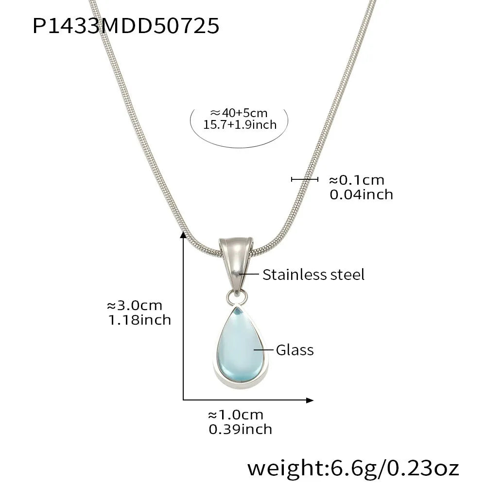 316L Stainless Steel Translucent Glass Teardrop Pendant Necklace - Image 7