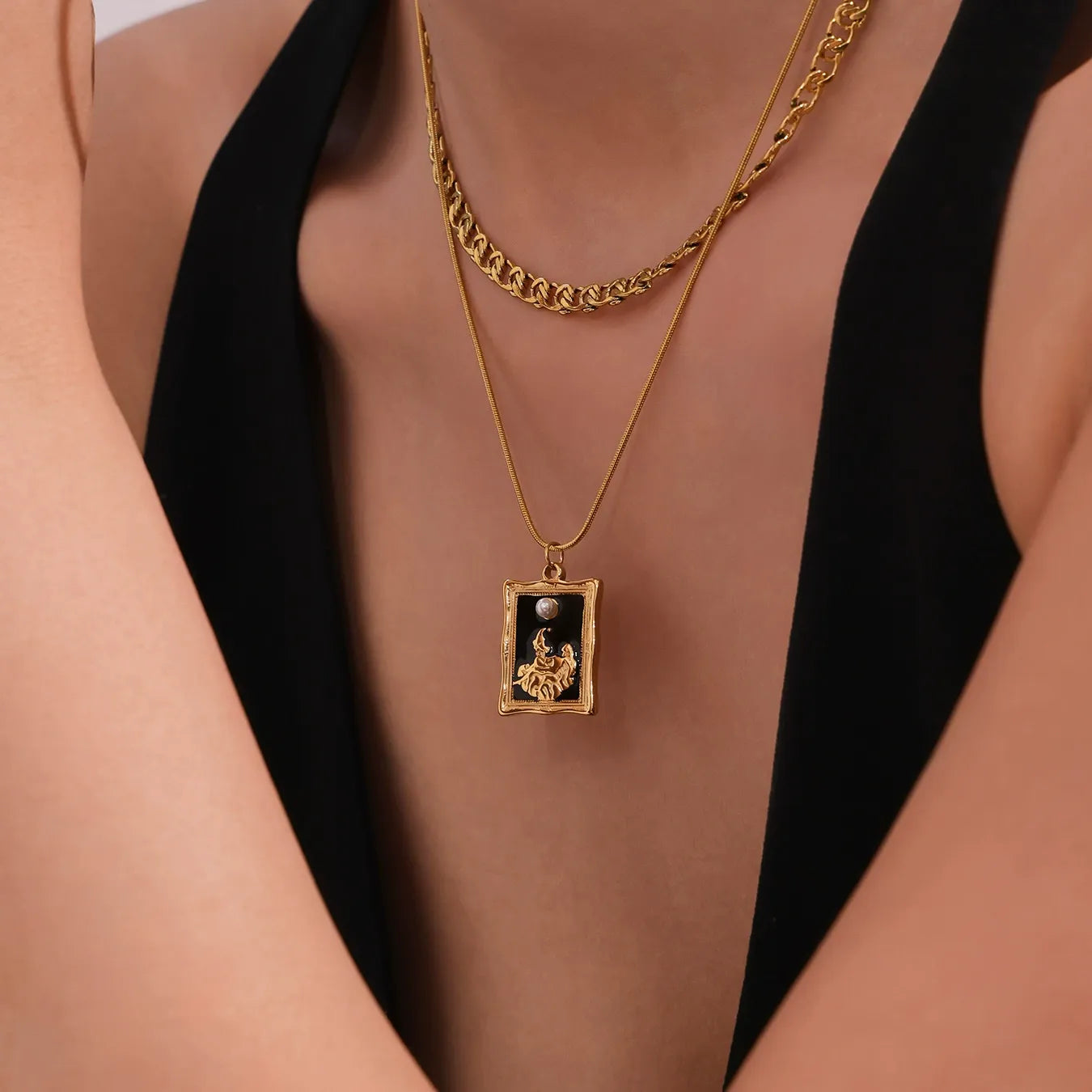 316L Stainless Steel Trendy Enamel Square Tag Double Layer Pendant Necklace - Image 3