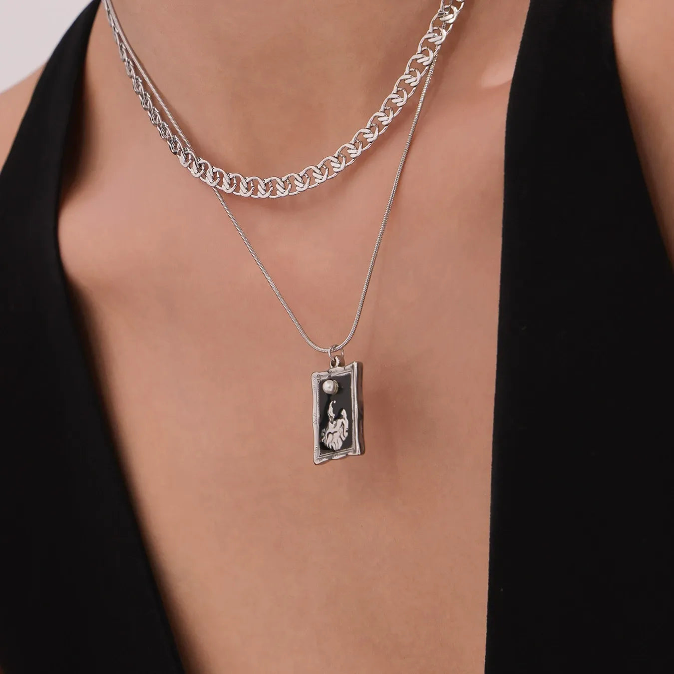 316L Stainless Steel Trendy Enamel Square Tag Double Layer Pendant Necklace - Image 4