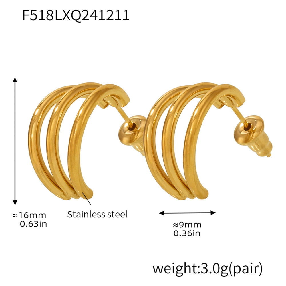 316L stainless steel triple C hoop earrings size and weight details with gold PVD finish